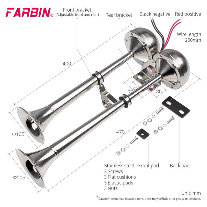 FARBIN 24V Marine Boat Horns,Stainless Steel Dual Trumpet,Electric Horn with Mounting Bracket,for 24v Cargo Boats Wheel Ship Train Lorry Trucks (Stainless steel double tube, 24V) - Image 4